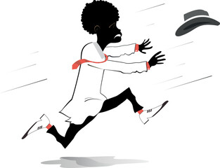 Running African man. Strong wind. Lost hat.
Funny African man trying to catch a hat gone with the wind. Isolated on white background
