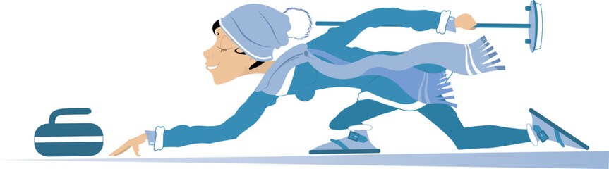 Obraz premium Smiling young woman plays curling. Winter sport. Curling. Young woman in blue clothes with curling brush 