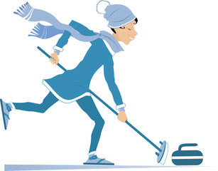 Smiling young woman plays curling. 
Winter sport. Curling. Young woman in blue clothes with curling brush 
