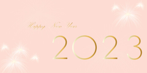 Happy new year 2023. Gold paper numbers on pink background. Holiday greeting card design.