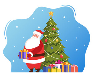 Cute Santa Claus character with gift in his hands and decorated christmas tree behind him. Merry Christmas and Happy New Year card, banner. Vector illustration.