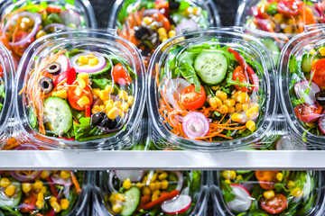 Boxes with pre-packaged vegetable salads in a commercial fridge