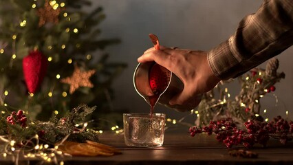 The bartender makes Christmas cocktails. A pink drink is poured into a glass through a sieve from a shaker. Christmas tree with garlands and a gift in the background. Sliced orange, cinnamon, star