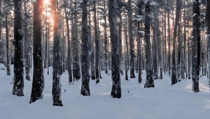 夕焼けの雪の森
