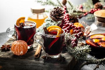 Red spicy christmas mulled wine, Traditional hot drink or beverage, festive cocktail