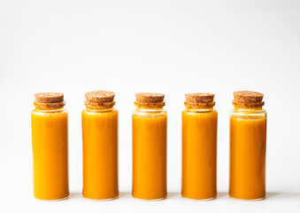 Homemade Immune Boosting Turmeric Ginger Citrus Shots. Anti-Inflammatory Vitamin Rich Healthy Drink. Coomposition on white background, top view, free space for text. Natural Immunity System Booster