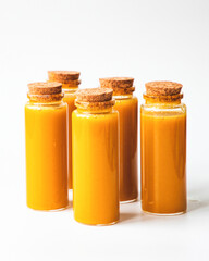 Homemade Immune Boosting Turmeric Ginger Citrus Shots. Anti-Inflammatory Vitamin Rich Healthy Drink. White background, free space. Immunity System Booster