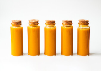 Homemade Immune Boosting Turmeric Ginger Citrus Shots. Anti-Inflammatory Vitamin Rich Healthy Drink. Still Life on white background, top view, free space for text. Natural Immunity System Booster