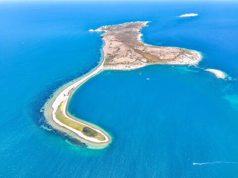 Aerial drone view İzmir Fo&ccedil;a Turkey, Orak island