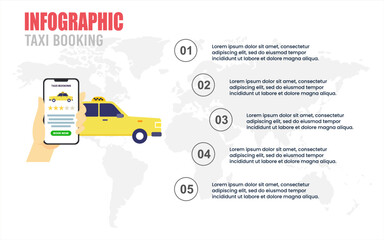 Presentation infographic template of taxi services icon with five explanatory text field. vector illustration.