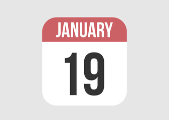 19 january icon isolated on background. January vector for day of week and month in red.