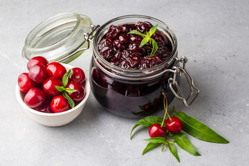 Fresh organic cherries - cherries and cherries in jars - sour cherry jam