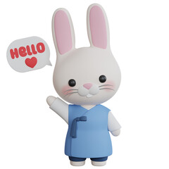 3D Rendering Cute Rabbit Wearing Hanbok Greeting Say Hello with Heart. PNG Transparent Background