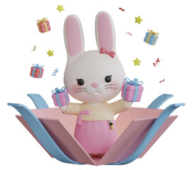 3D Rendering Cute Rabbit from Surpirse Gift Box with Little Star and Confetti. PNG Transparent Background