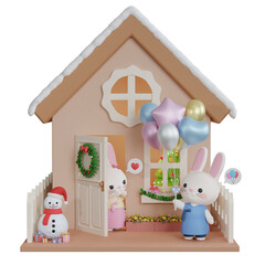 3D Rendering Cute Rabbit Wearing Hanbok Grab Balloon. House Decoration Christmas Theme. PNG Transparent Background.