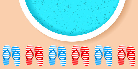 Striped flip flops by the round pool. Top view. Hello summer concept - 551091531