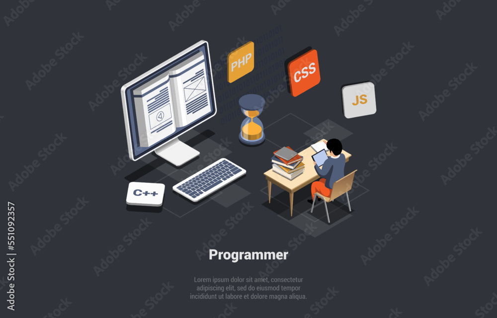 Poster concept of it sector and freelance working. male character developer coding new startup, project or 