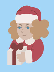 Shy smiling blond hared girl in red Santa Claus cape with present in her hands. Simple abstract isolated vector illustration.