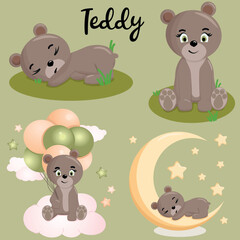 Cute teddy. Funny illustration of a sleeping bear. Baby Hare