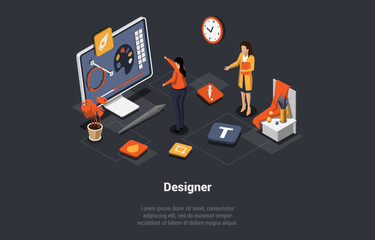 Concept Of 3D Design And Freelance Work. Creative Team Of Graphic Designers. Female Characters Are Making Mock up Of Item On Computer. School For Web Design. Isometric 3d Cartoon Vector Illustration