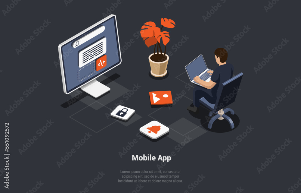 Poster mobile app development and design. male character developer is testing usability interface of websit
