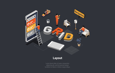 Application For Smartphone And PC With Analytics Data. Creative Characters Analyse Trends, Website, Software Development, Content Marketing, Make Logo, Grid, Layout. Isometric 3d Vector Illustration