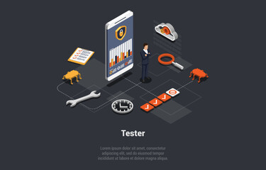 Software Engineer Job. Software Tester Testing Programs, Debugging And Making Functional Test. Man Software Quality Assurance Engineering Make Tests Of Applications. Isometric 3d Vector Illustration