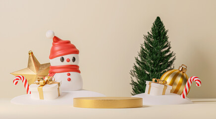 Premium Christmas podium for branding and packaging presentation. product display with gift boxes, christmas tree and snow. Xmas Decorations. Christmas showcase. Cosmetic. 3d rendering illustration