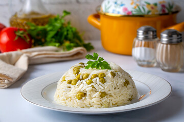 Traditional delicious Turkish foods; pea rice (Turkish name; Bezelyeli pilav)