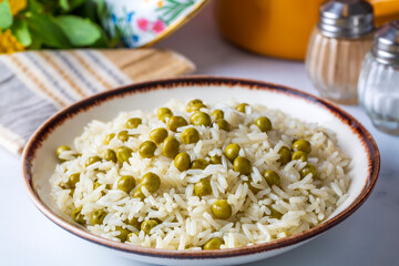 Traditional delicious Turkish foods; pea rice (Turkish name; Bezelyeli pilav)