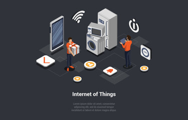 Concept Of Smart Home Technologies And Internet Of Things and Machine Interface. Man Male Character Controls the Operation of Household Appliances Using a Tablet. Isometric 3d Vector Illustration