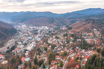 Aerial view with Sinaia city in Romania