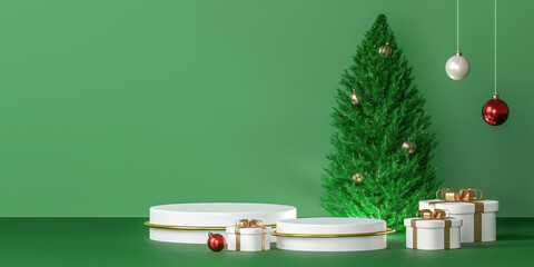Christmas and New Year festival with realistic round podium studio with stand to show product. Stage showcase in pink background. 3d render illustration