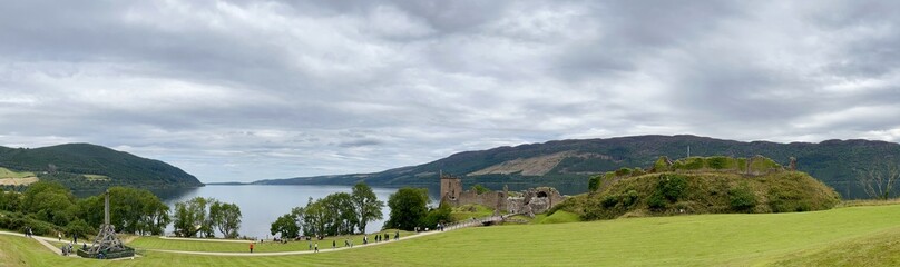 Landscape of the Highland with ruins of medieval castle in Scotland