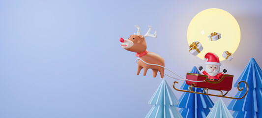 Christmas and New Year background. Xmas pine fir lush tree. Candy cane, gifts box. Bright Winter holiday composition. Greeting card, banner, poster on blue background. 3d render illustration