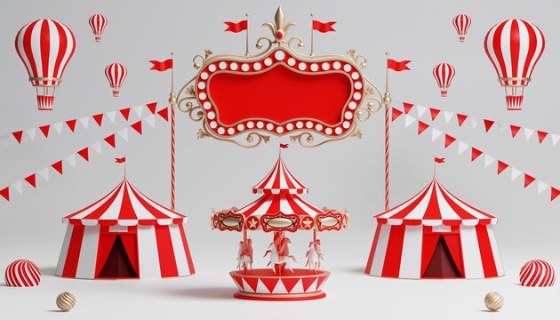 3d Carnival podium with many rides and shops circus tent 3d illustration
