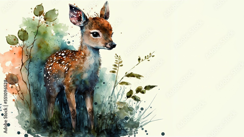 Wall mural Watercolor illustration of a cute deer, surrounded by green grass and flowers, with a copy space