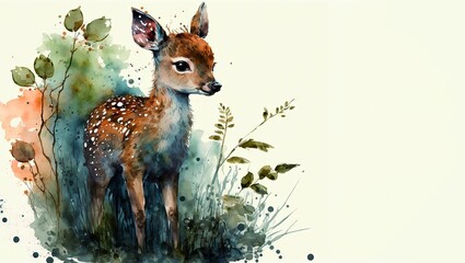 Watercolor Illustration Cute Deer Surrounded