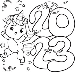 Happy new year coloring book with cute unicorn