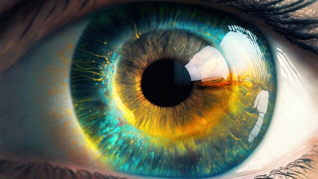 Closeup illustration of a human blue eye with yellow paint splashes