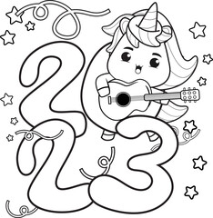 Happy new year coloring book with cute unicorn