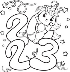 Happy new year coloring book with cute unicorn