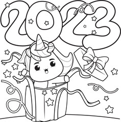 Happy new year coloring book with cute unicorn