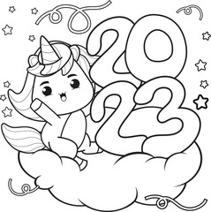 Happy new year coloring book with cute unicorn