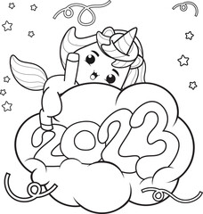 Happy new year coloring book with cute unicorn