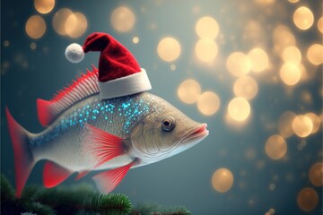 Fish with christmas hat on,  created with generative AI	