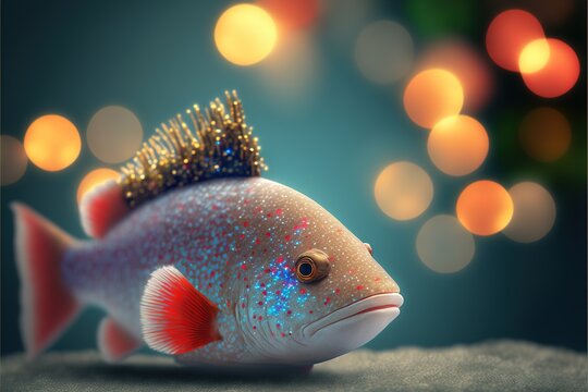 Glittery Fish With Christmas Bokeh Background, 3d Render