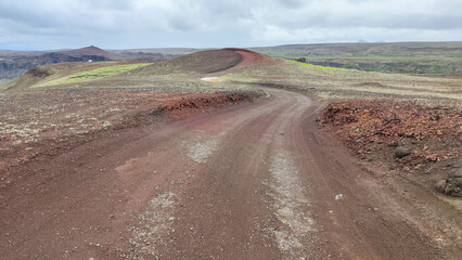 Drone view at a dirt road in Iceland