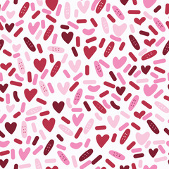 Pink hearts cute seamless pattern. Colorful doodle hearts on a white background. Ready template for design, postcard, print, poster, party, Valentine's Day