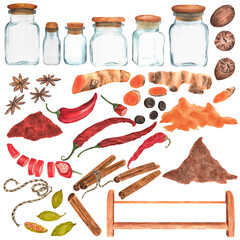 Cinnamon, turmeric, nutmeg, chili, paprika, anise, cardamom. Watercolor spices set. Hand-drawn watercolor illustration. - obrazy, fototapety, plakaty